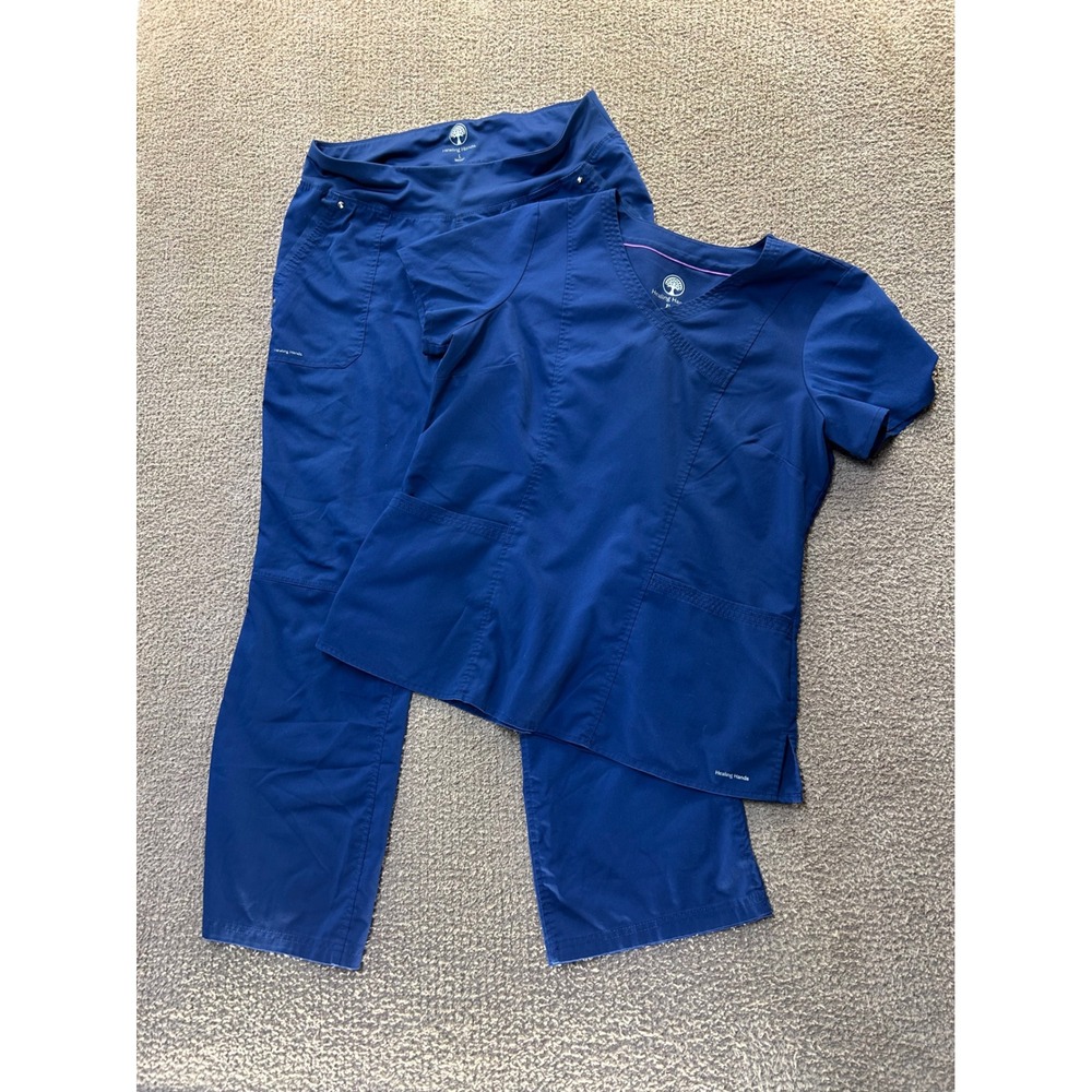 Healing Hands Scrub Set Navy Blue V-Neck Top XL and Cargo Pants Large Womens